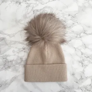 Ribbed Brown Faux Fur Pom Pom Hat