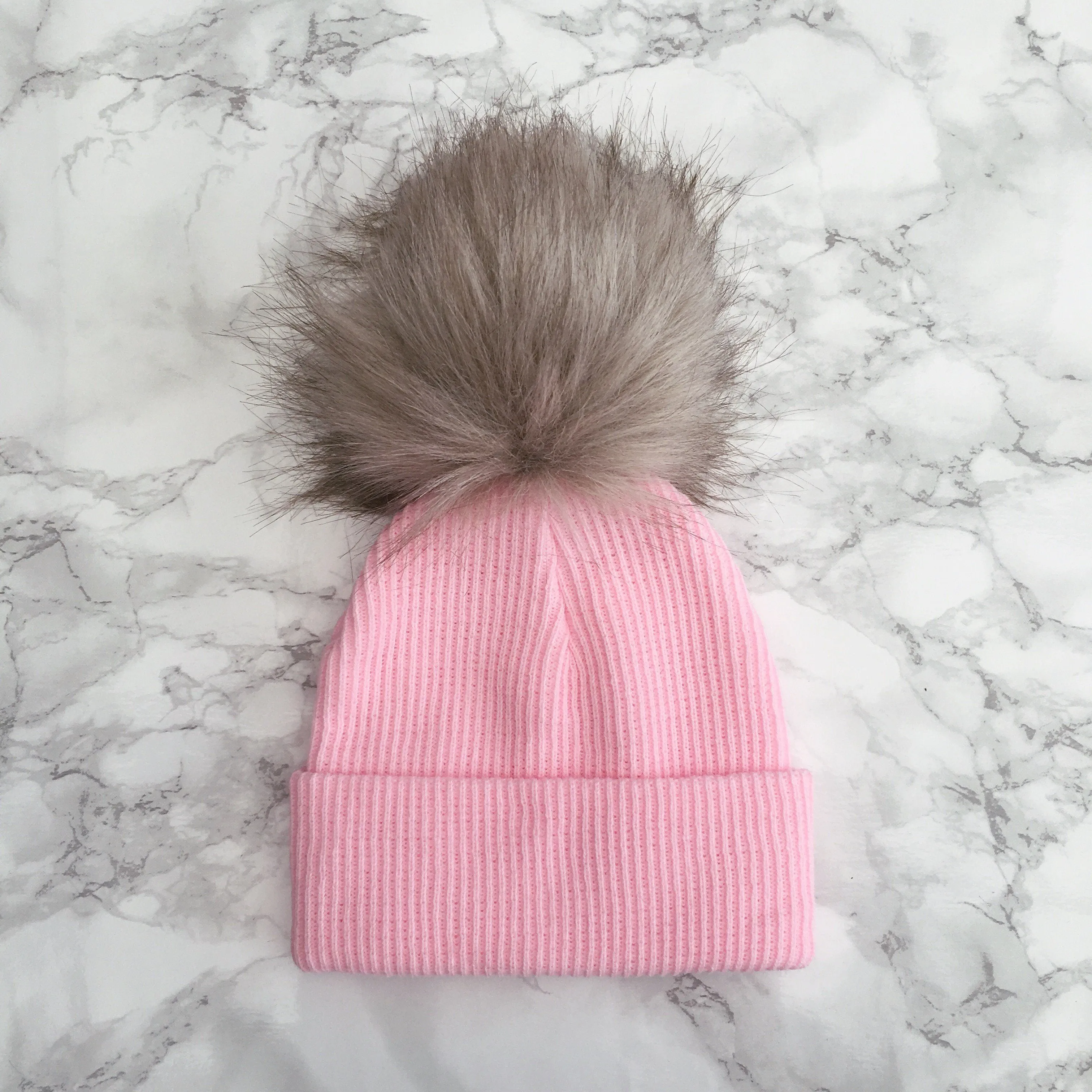 Ribbed Brown Faux Fur Pom Pom Hat