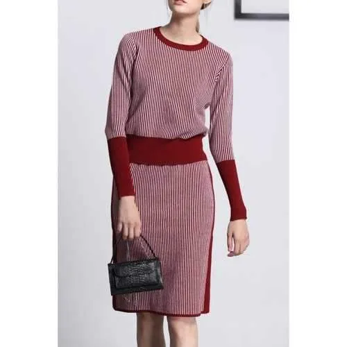 Ribbed Stripe Sweater With Skirt - Deep Red S