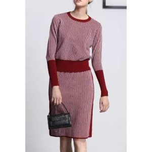 Ribbed Stripe Sweater With Skirt - Deep Red S