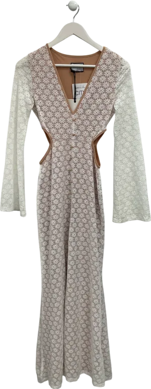 RNWY White Side Cut Out Lace Maxi Dress With Flared Sleeves UK S
