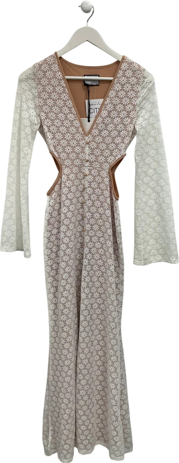 RNWY White Side Cut Out Lace Maxi Dress With Flared Sleeves UK S