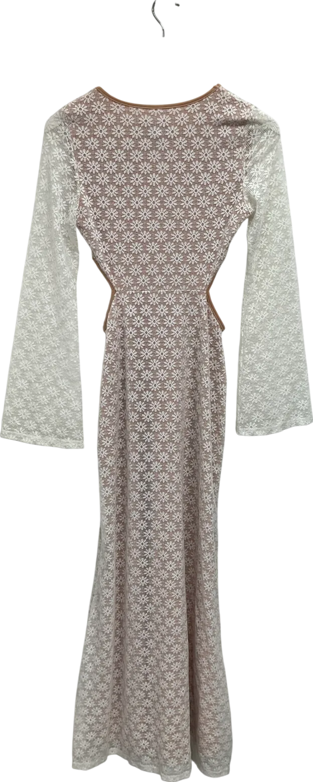 RNWY White Side Cut Out Lace Maxi Dress With Flared Sleeves UK S