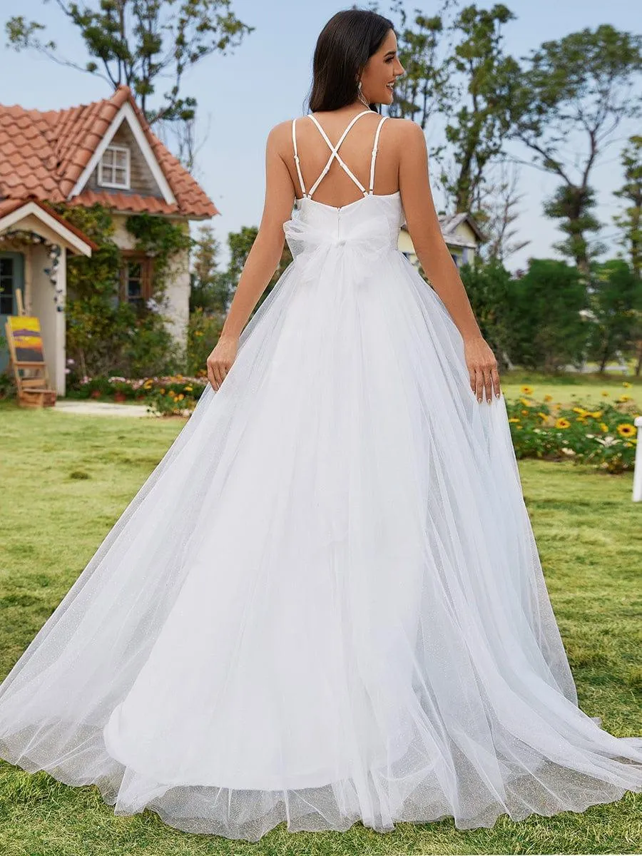Robe de mariée trapèze avec nœud papillon au dos et bretelles spaghetti avec col en V