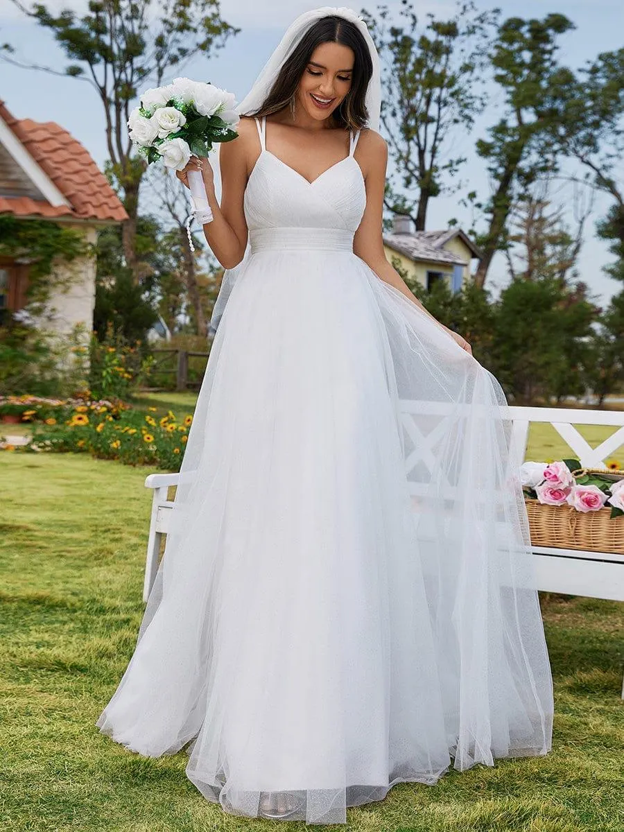 Robe de mariée trapèze avec nœud papillon au dos et bretelles spaghetti avec col en V