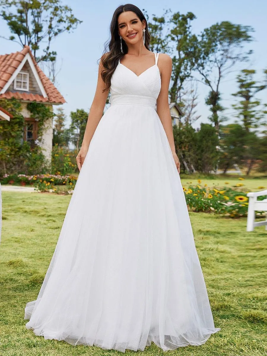 Robe de mariée trapèze avec nœud papillon au dos et bretelles spaghetti avec col en V