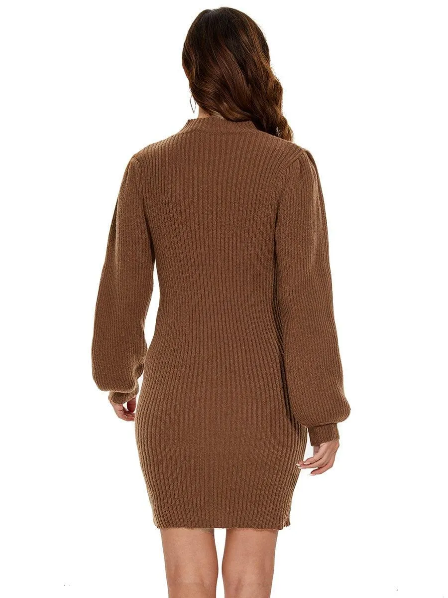 Robe pull longue col roulé en maille côtelée manches ballon