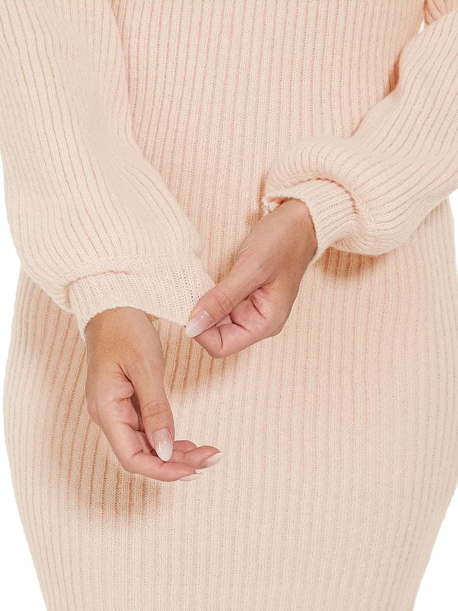 Robe pull longue col roulé en maille côtelée manches ballon