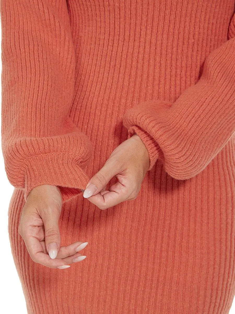 Robe pull longue col roulé en maille côtelée manches ballon