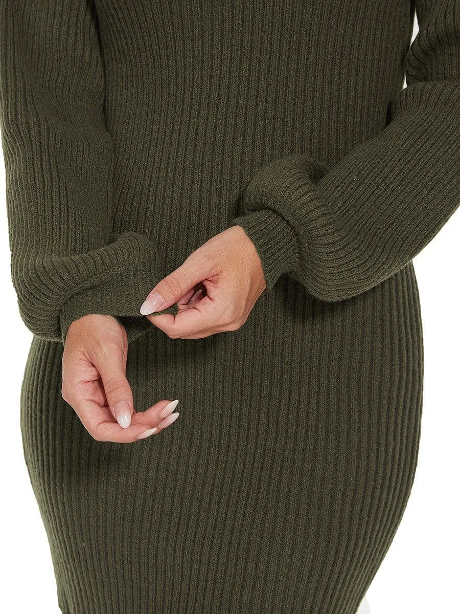 Robe pull longue col roulé en maille côtelée manches ballon