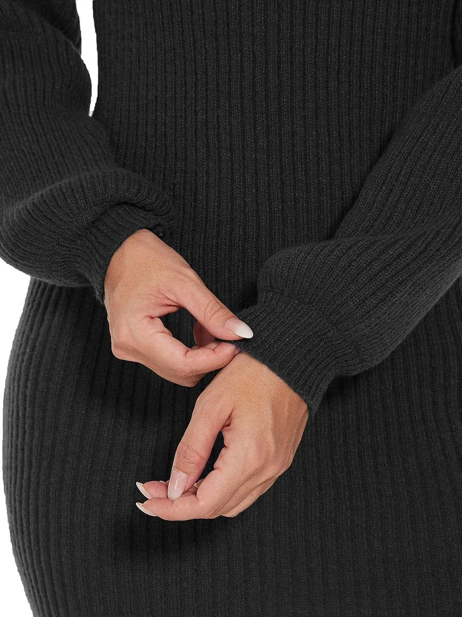 Robe pull longue col roulé en maille côtelée manches ballon