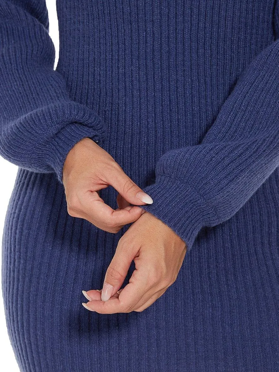 Robe pull longue col roulé en maille côtelée manches ballon