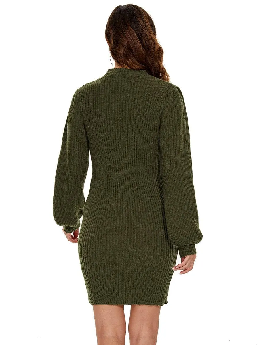 Robe pull longue col roulé en maille côtelée manches ballon