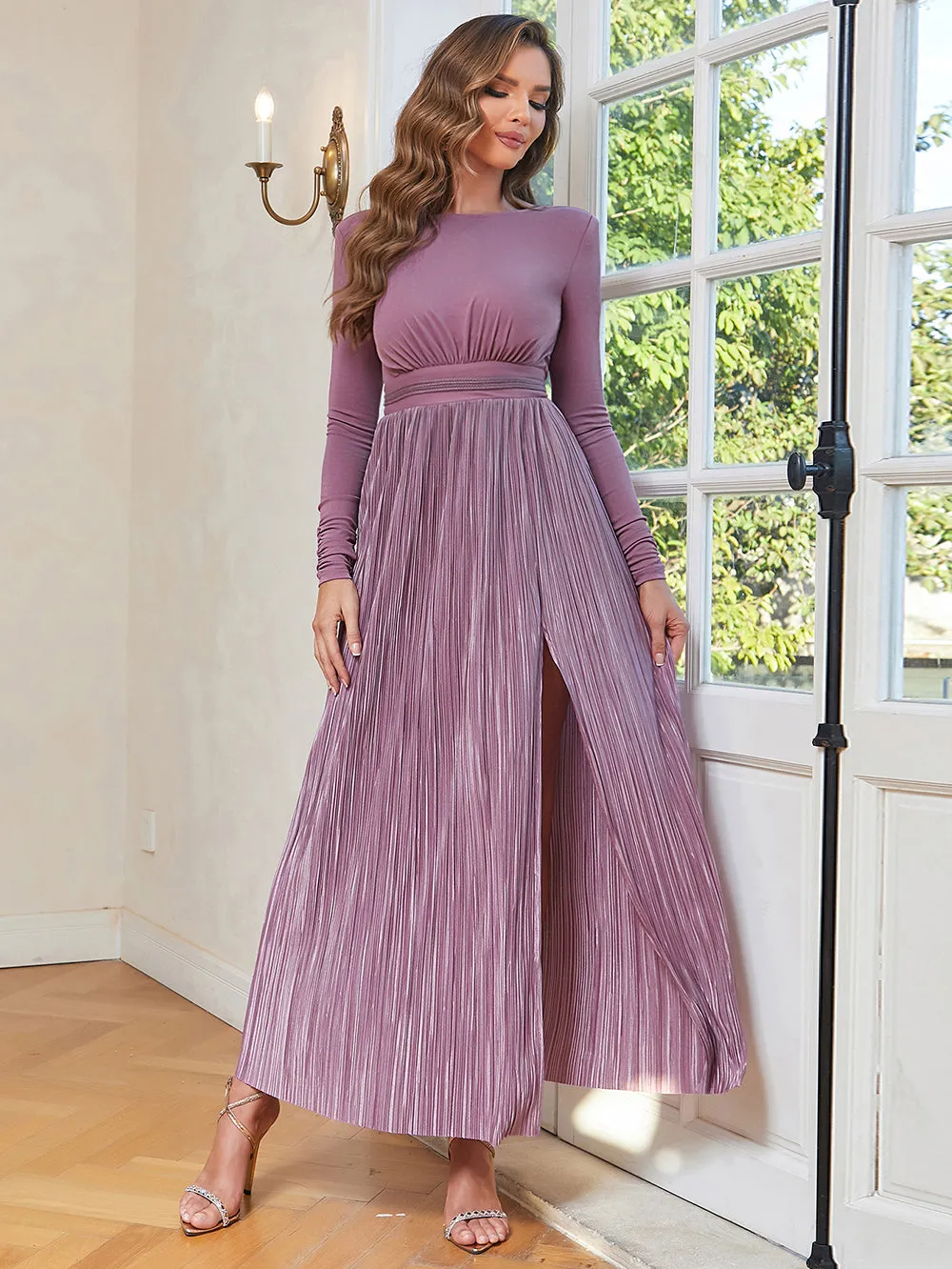 Round Neck Long Sleeve Ruched Maxi Bodycon Dress HB100121