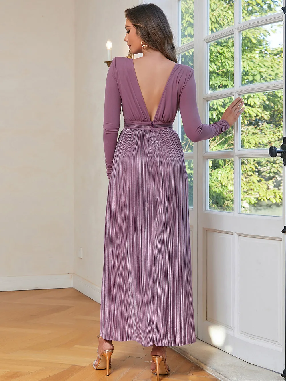 Round Neck Long Sleeve Ruched Maxi Bodycon Dress HB100121
