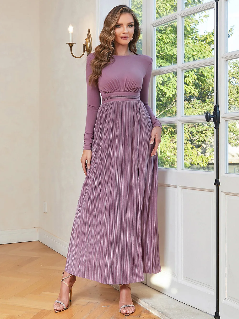 Round Neck Long Sleeve Ruched Maxi Bodycon Dress HB100121