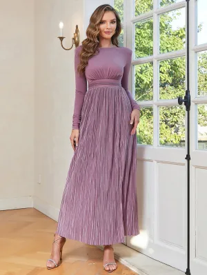 Round Neck Long Sleeve Ruched Maxi Bodycon Dress HB100121