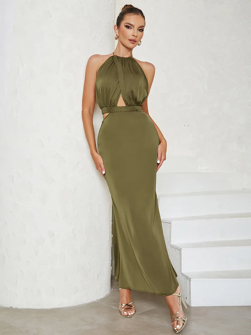 Round Neck Sleeveless Exposed Waist Maxi Bodycon Dress HB0141