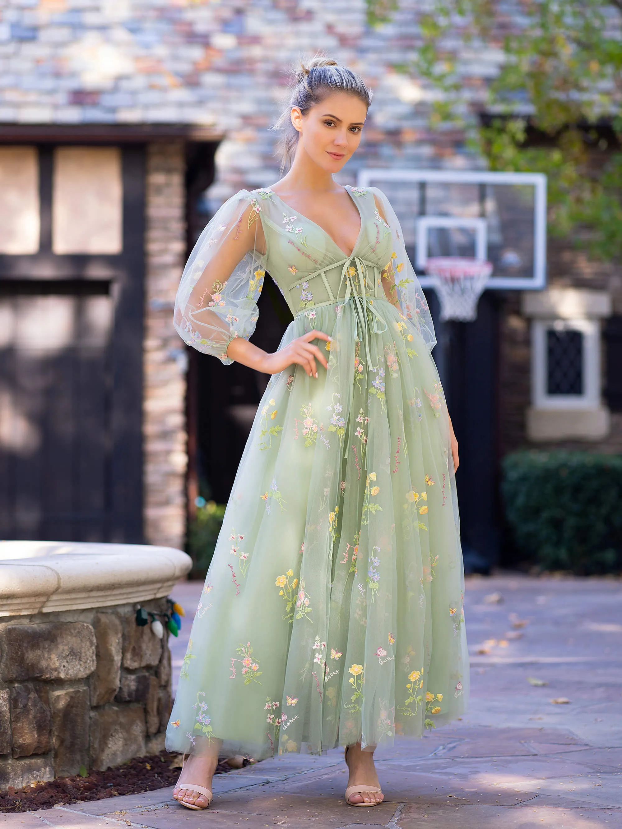 Roycebridal V-neck Embroidery Maxi Length Tulle Corset Floral Prom Dress