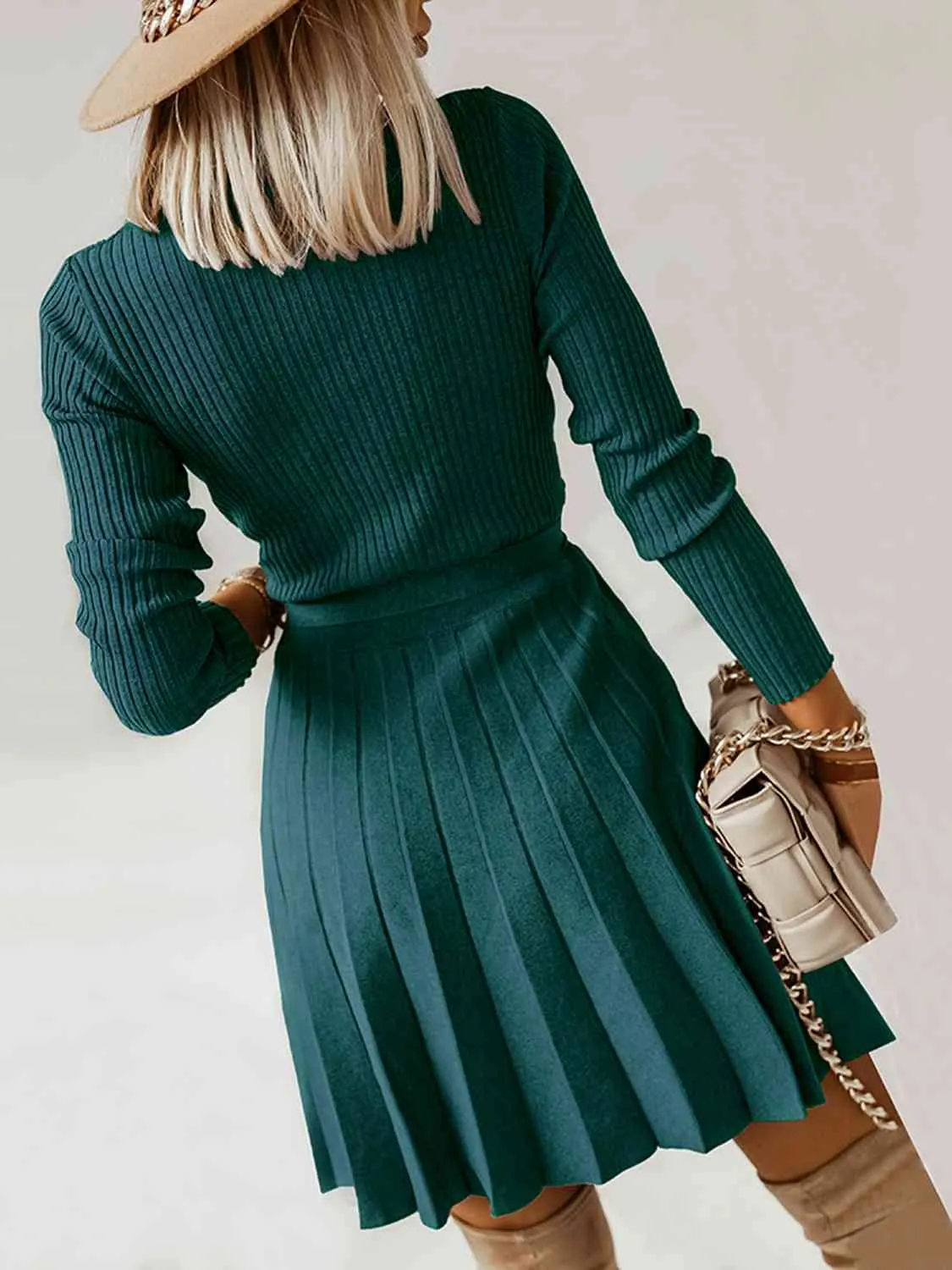 Ryah Surplice Neck Tie Front Pleated Sweater Dress