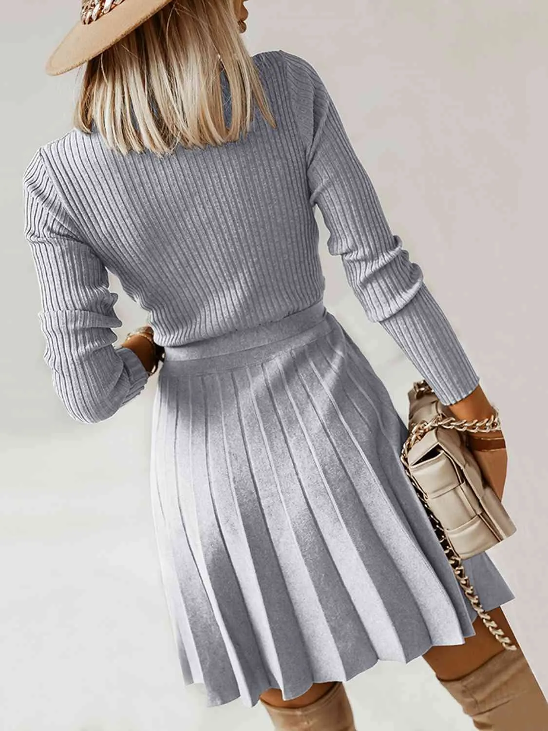 Ryah Surplice Neck Tie Front Pleated Sweater Dress