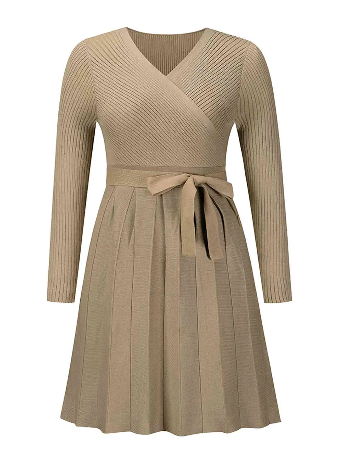 Ryah Surplice Neck Tie Front Pleated Sweater Dress