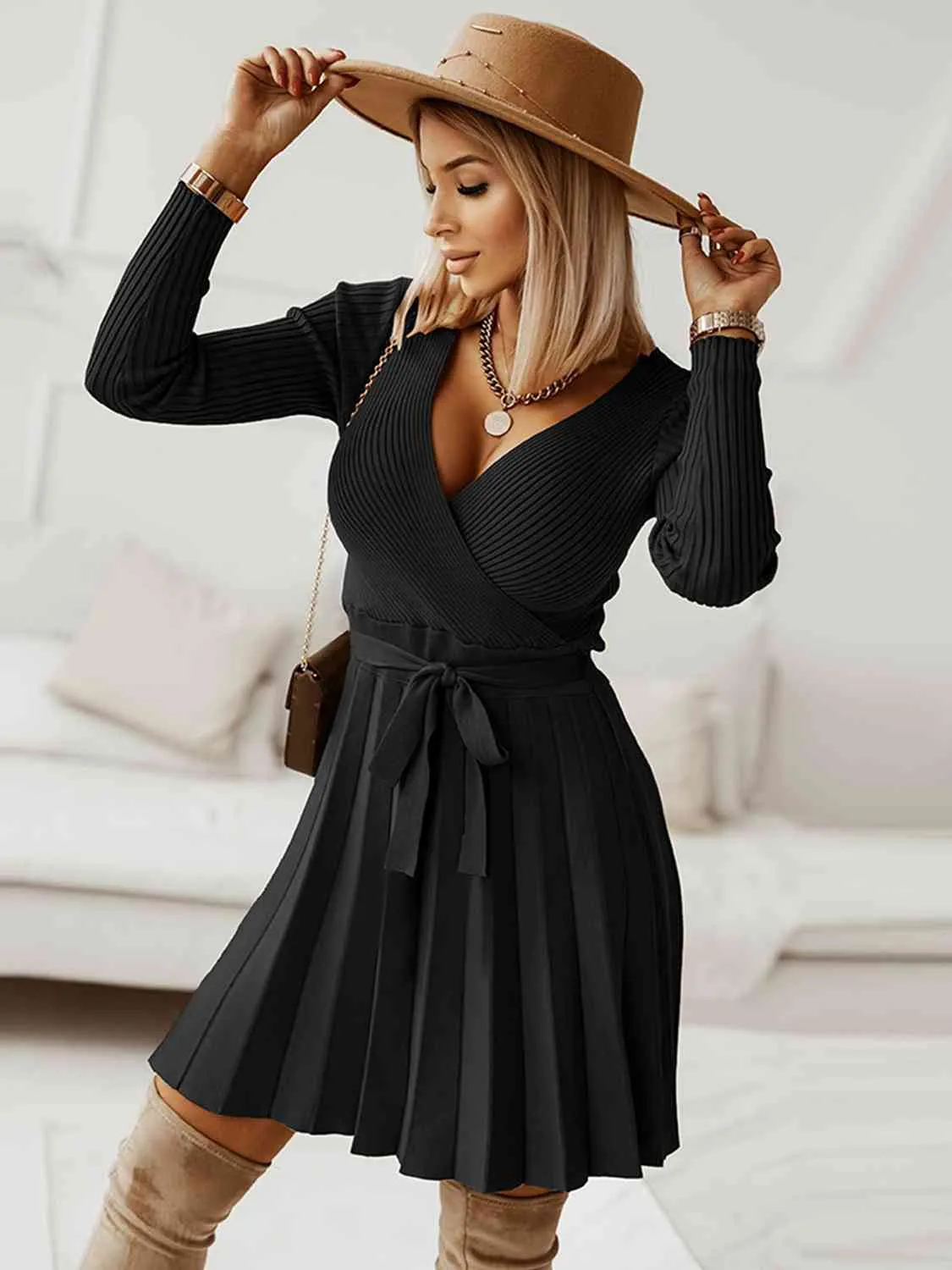 Ryah Surplice Neck Tie Front Pleated Sweater Dress