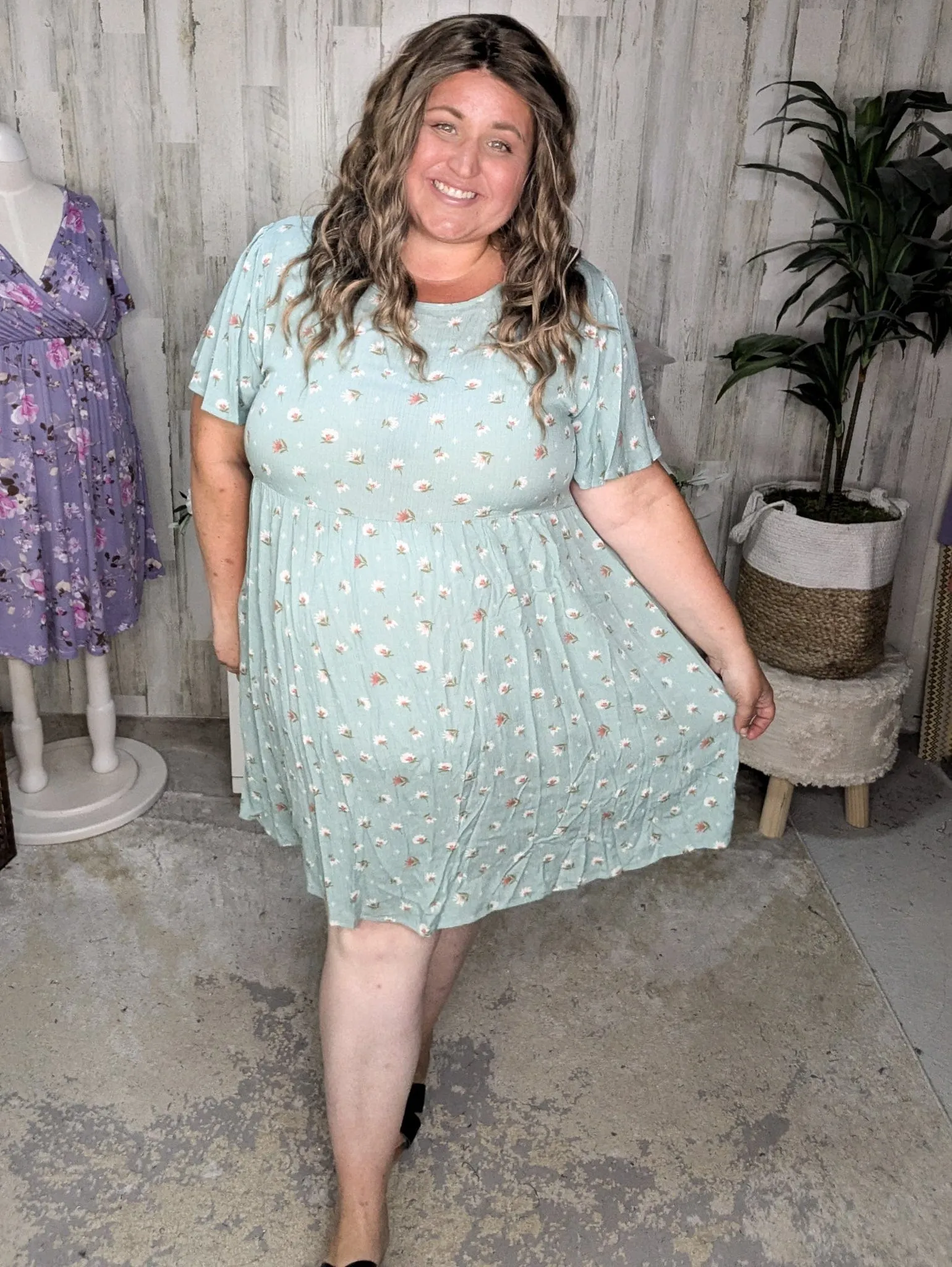 SALE- Erin Vintage Blue Floral Dress w/Flutter Sleeve & Tieback