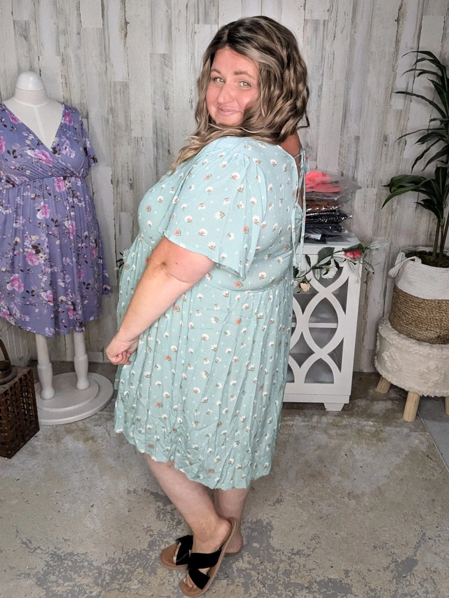 SALE- Erin Vintage Blue Floral Dress w/Flutter Sleeve & Tieback