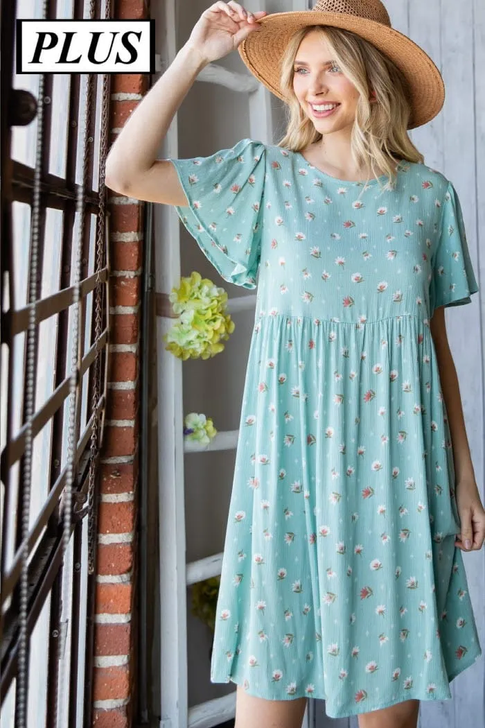 SALE- Erin Vintage Blue Floral Dress w/Flutter Sleeve & Tieback