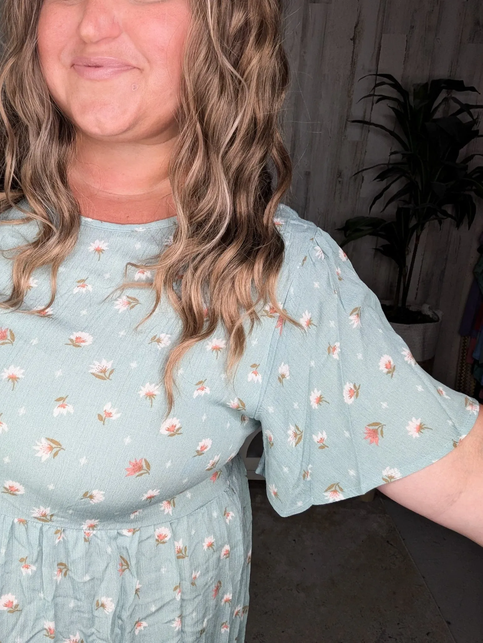 SALE- Erin Vintage Blue Floral Dress w/Flutter Sleeve & Tieback
