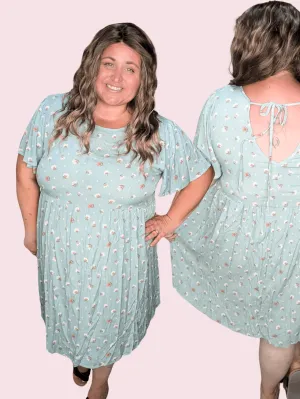 SALE- Erin Vintage Blue Floral Dress w/Flutter Sleeve & Tieback