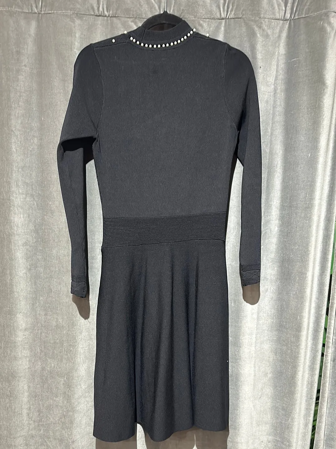 Sandro Black Long Sleeve Pearl Embellished A Line Sweater Dress