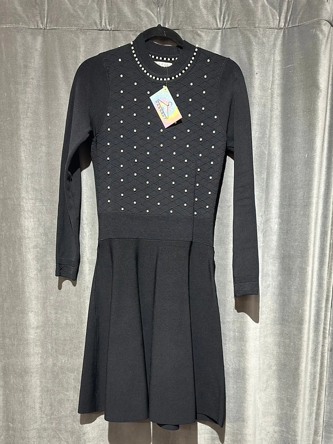 Sandro Black Long Sleeve Pearl Embellished A Line Sweater Dress