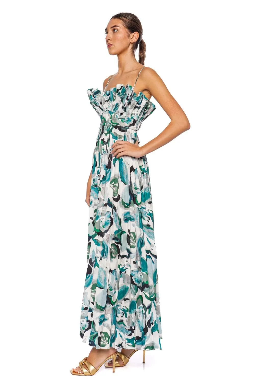 Sanna Teal Grove Pleated Maxi Dress