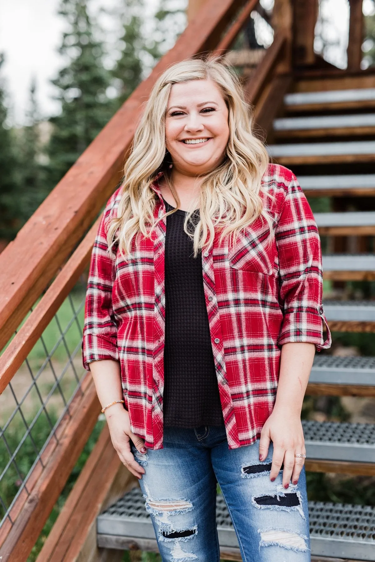 Saying Hello Flannel Button Up Top- Red