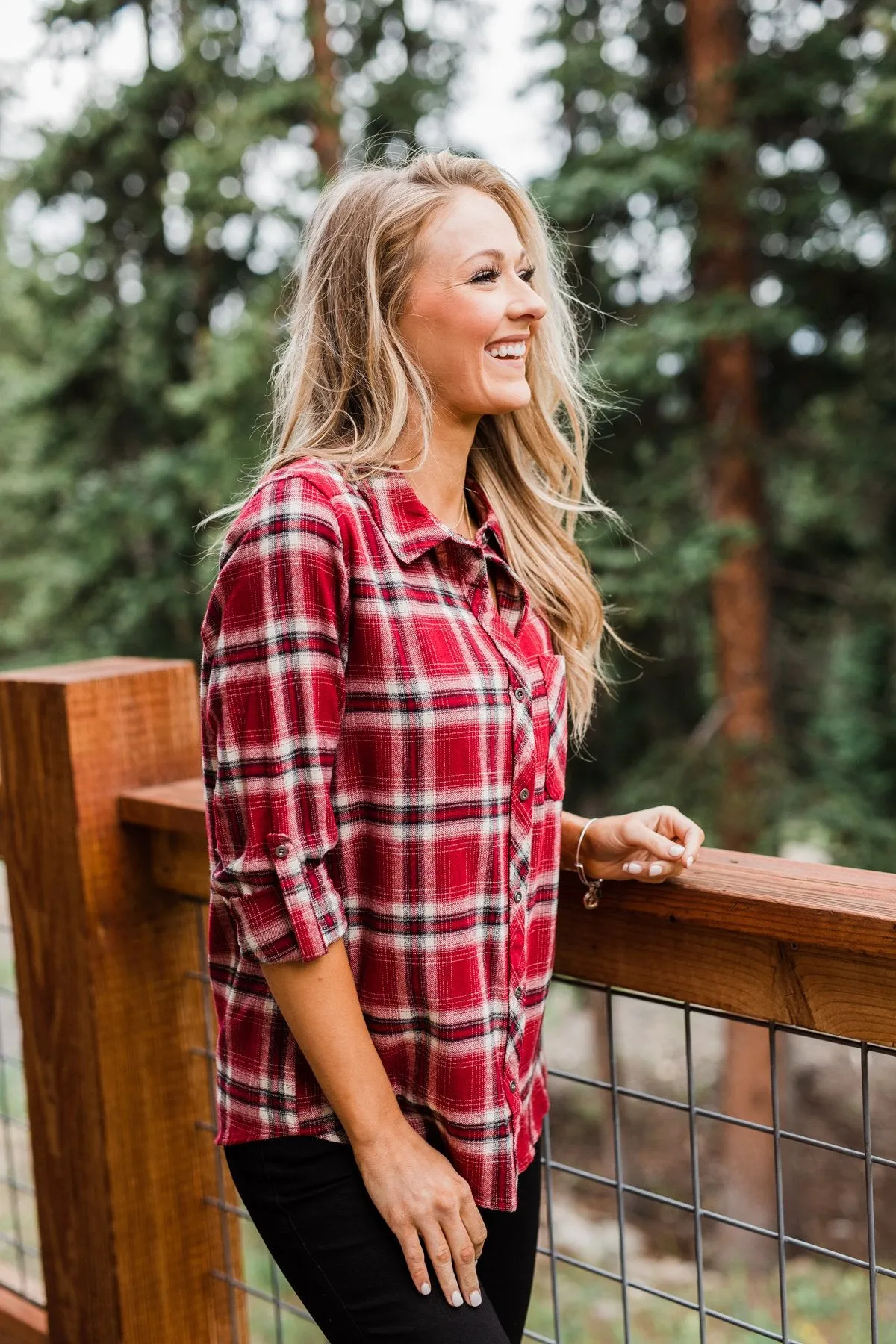 Saying Hello Flannel Button Up Top- Red