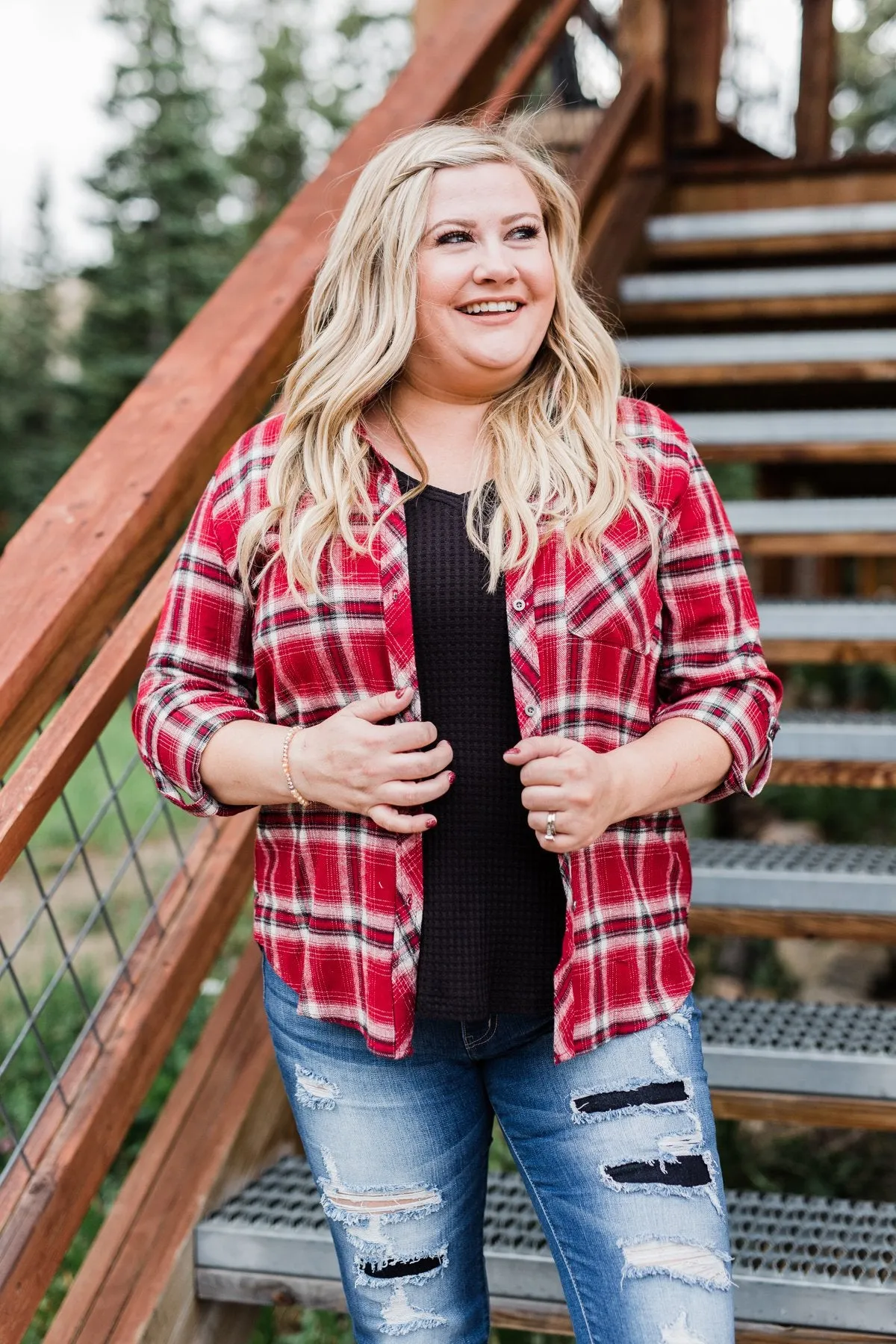 Saying Hello Flannel Button Up Top- Red