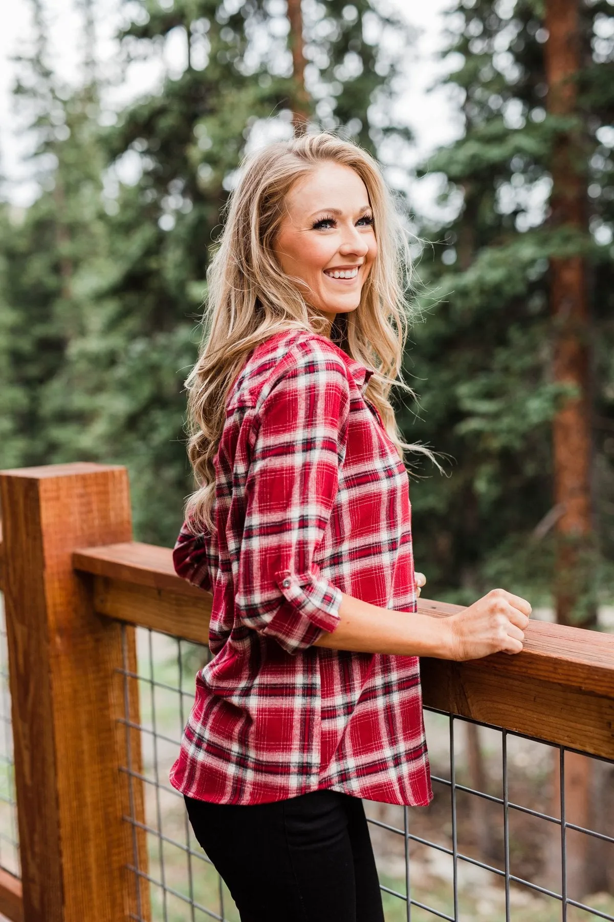 Saying Hello Flannel Button Up Top- Red