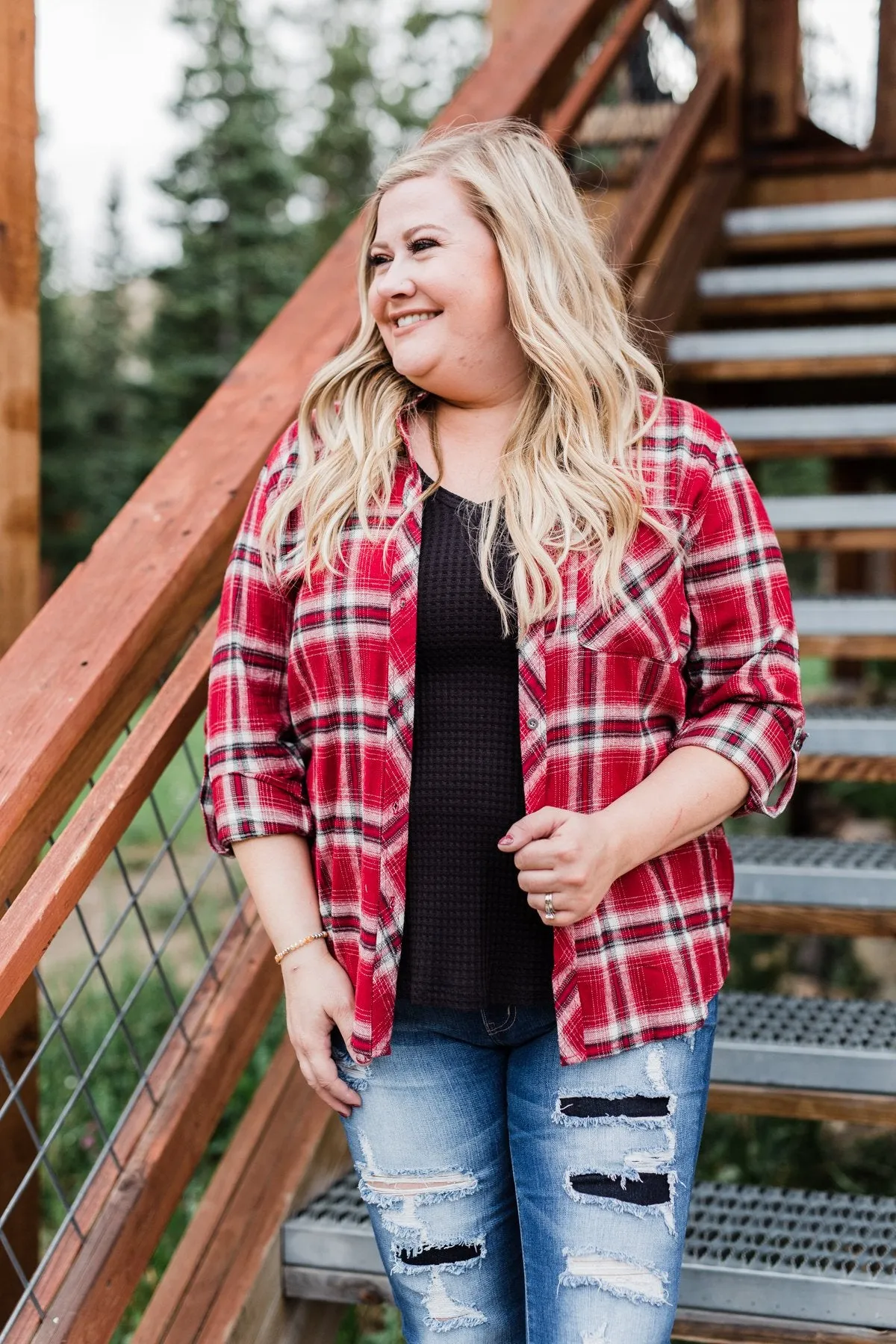 Saying Hello Flannel Button Up Top- Red