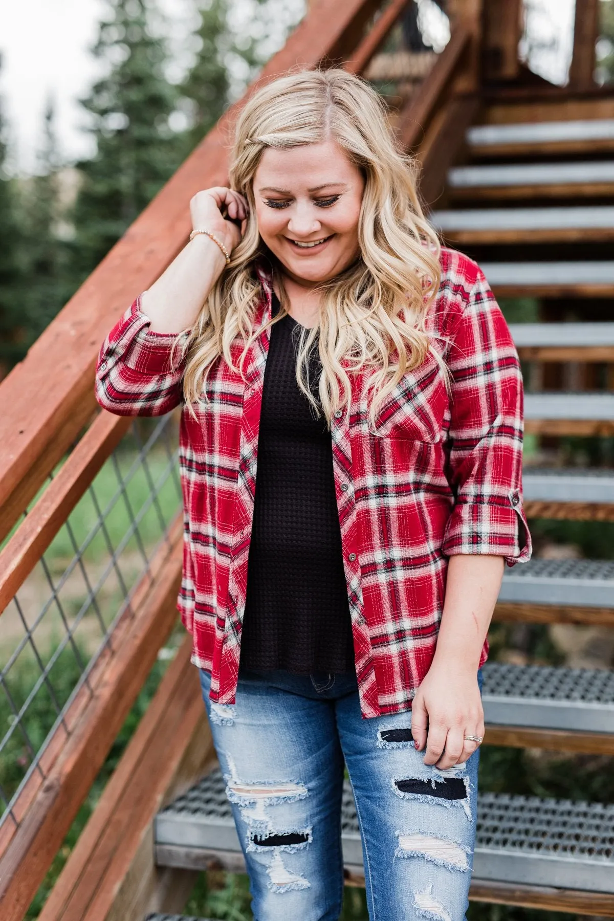 Saying Hello Flannel Button Up Top- Red
