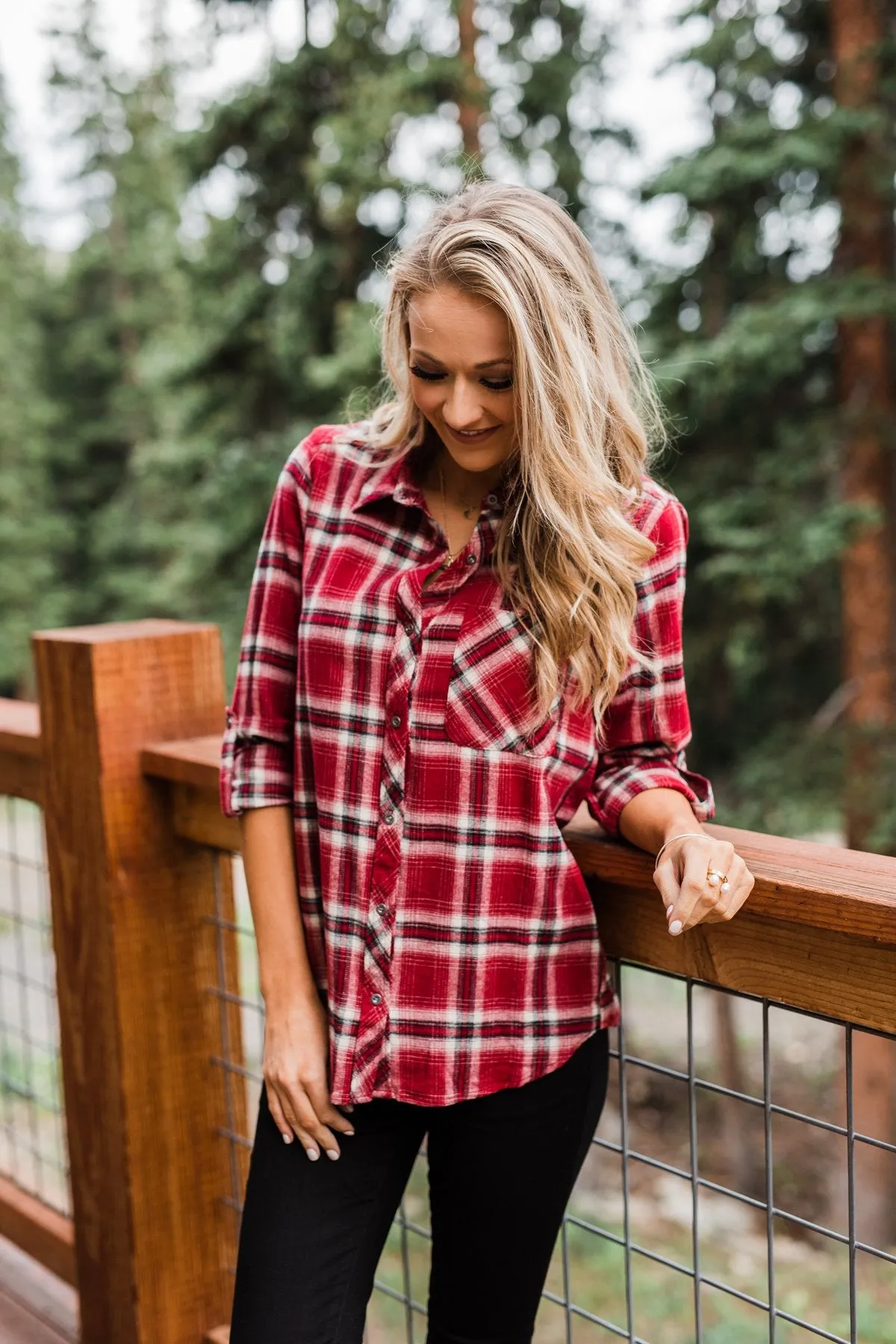 Saying Hello Flannel Button Up Top- Red