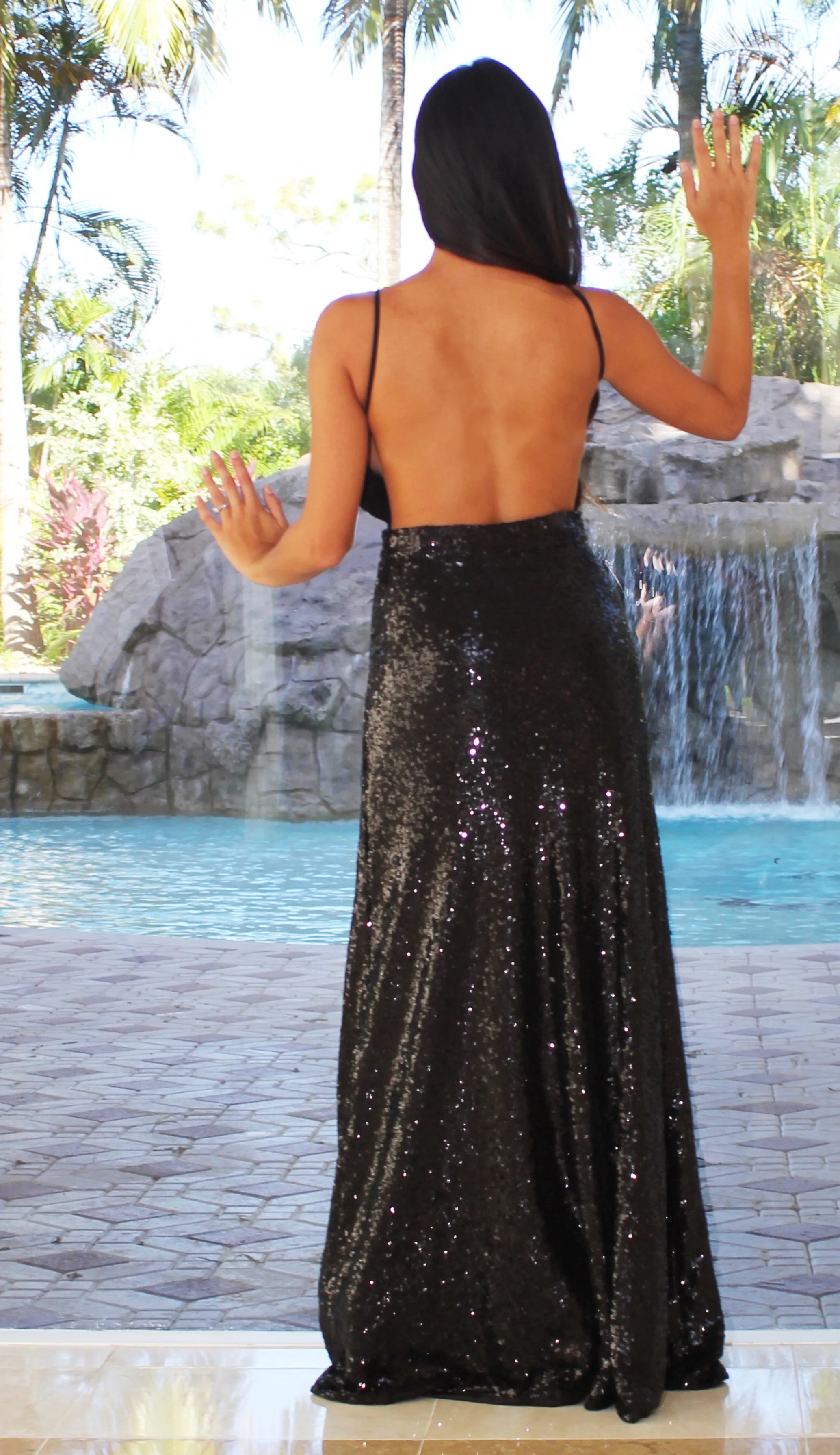 Sequin Open Back Maxi Dress - Black