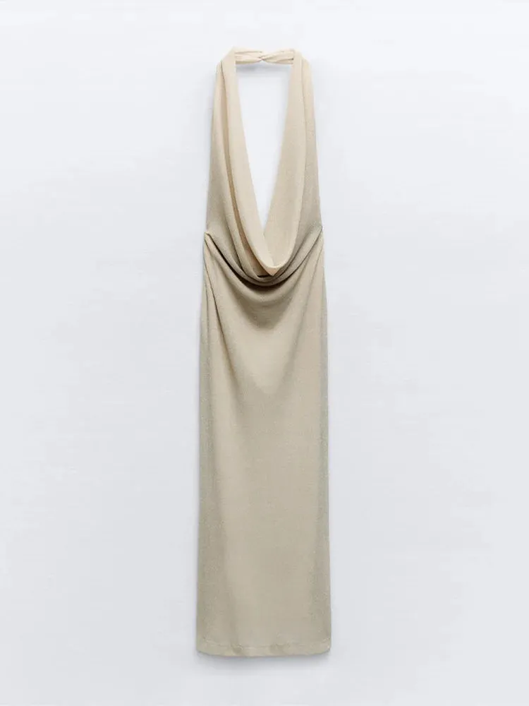 Sexy Knit Halter Backless Metallic Dress Chic Swinging Collar Sleeveless Slim Dresses Elegant Evening Party Wedding Guest Dress