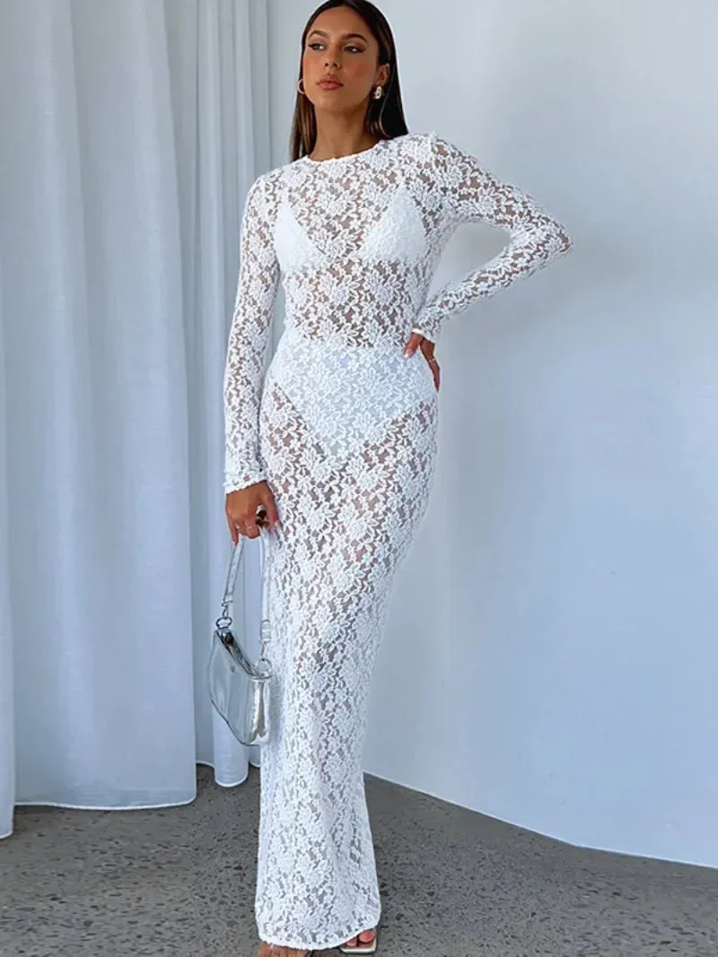 Sexy O-Neck Long Sleeve Hollow Out White Lace Maxi Dress Elegant See-Through Bodycon Party Dresses