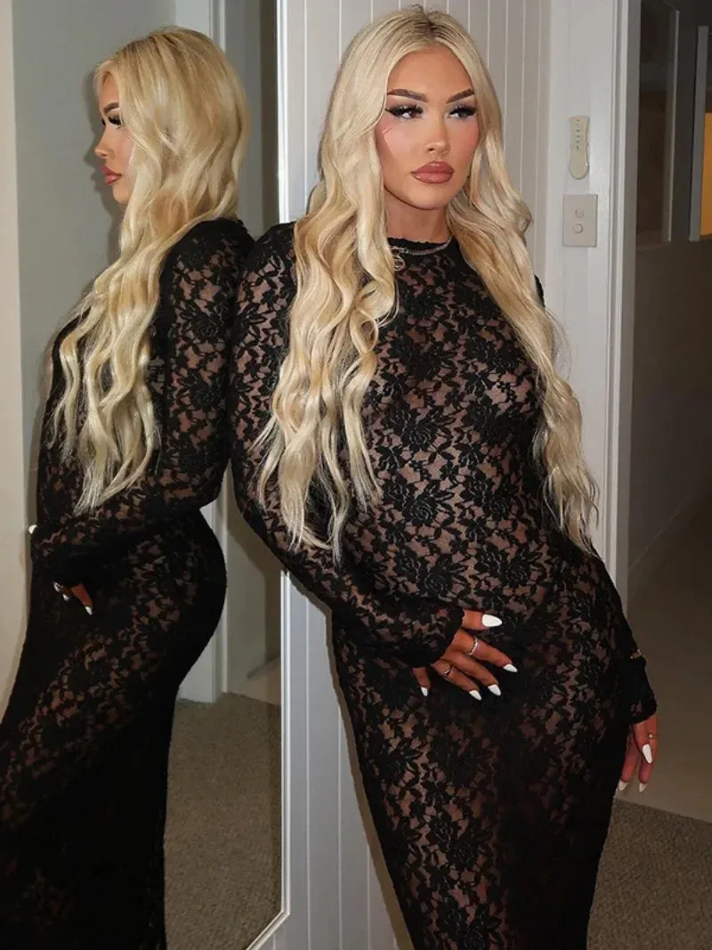 Sexy O-Neck Long Sleeve Hollow Out White Lace Maxi Dress Elegant See-Through Bodycon Party Dresses