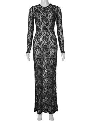 Sexy O-Neck Long Sleeve Hollow Out White Lace Maxi Dress Elegant See-Through Bodycon Party Dresses