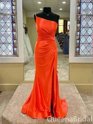 Sexy Orange Single Spaghetti Straps Evening Gown Maxi Long Formal Dresses Prom Dresses with High Slit ,WGP873
