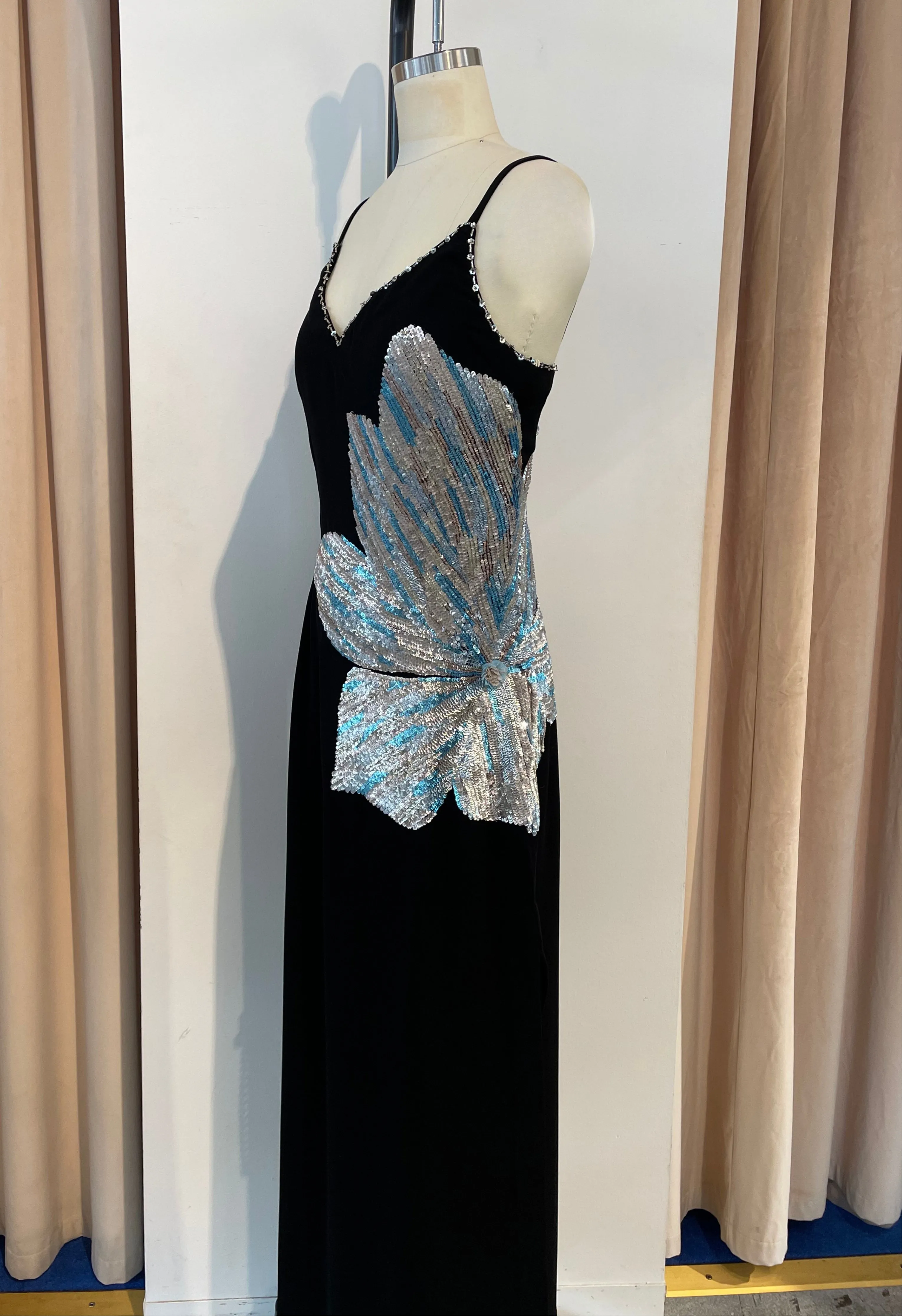 Side Floral Long Black Dress