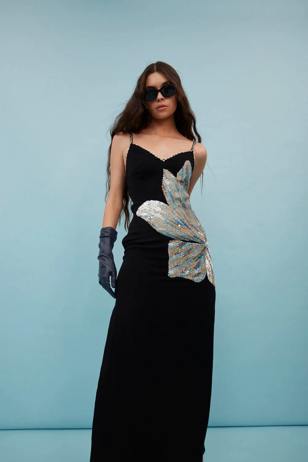 Side Floral Long Black Dress